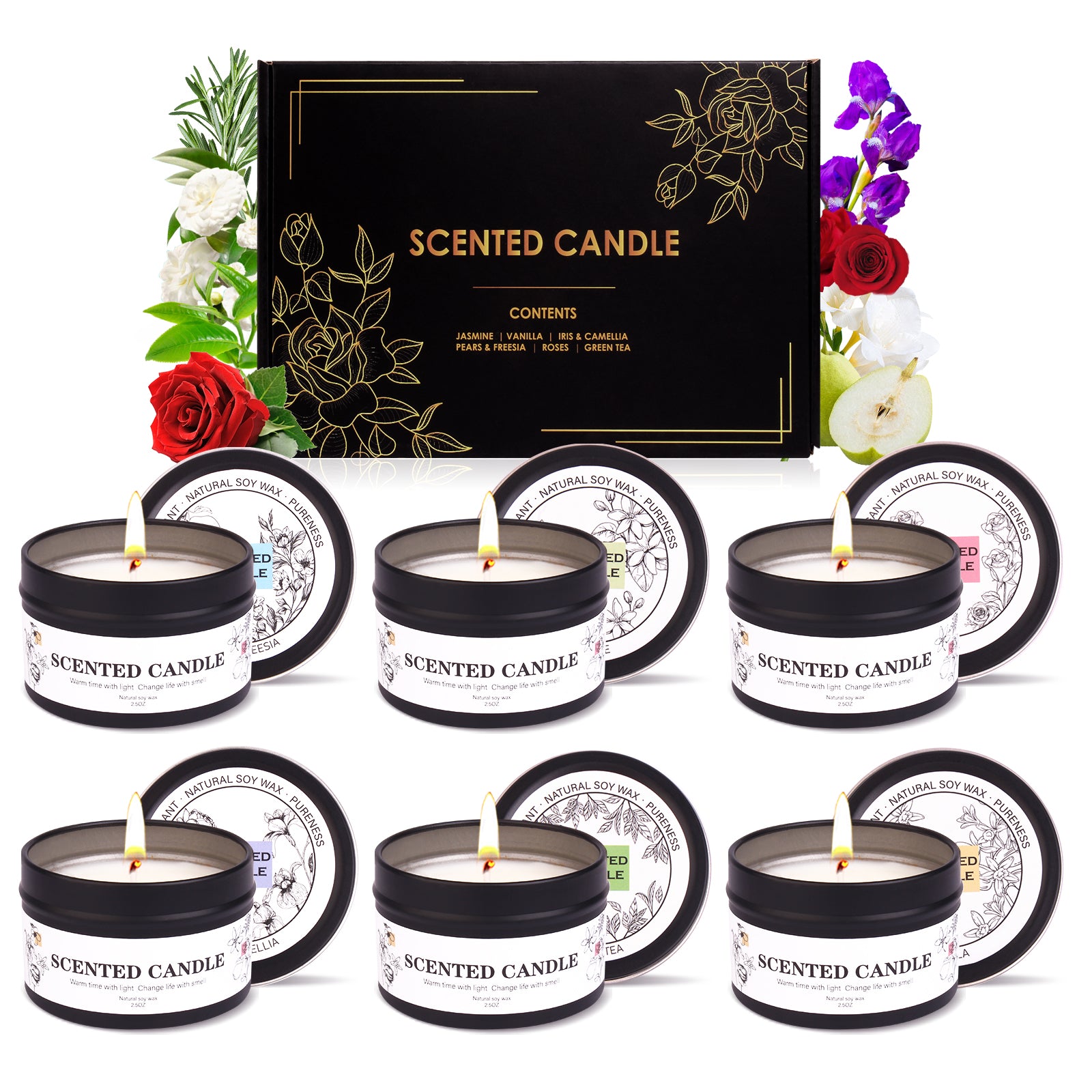 Giphtpoeet Scented Candles Gift Set 6 Pack Fragrance Natural Soy Wax Jar Candles Set for Home Scented