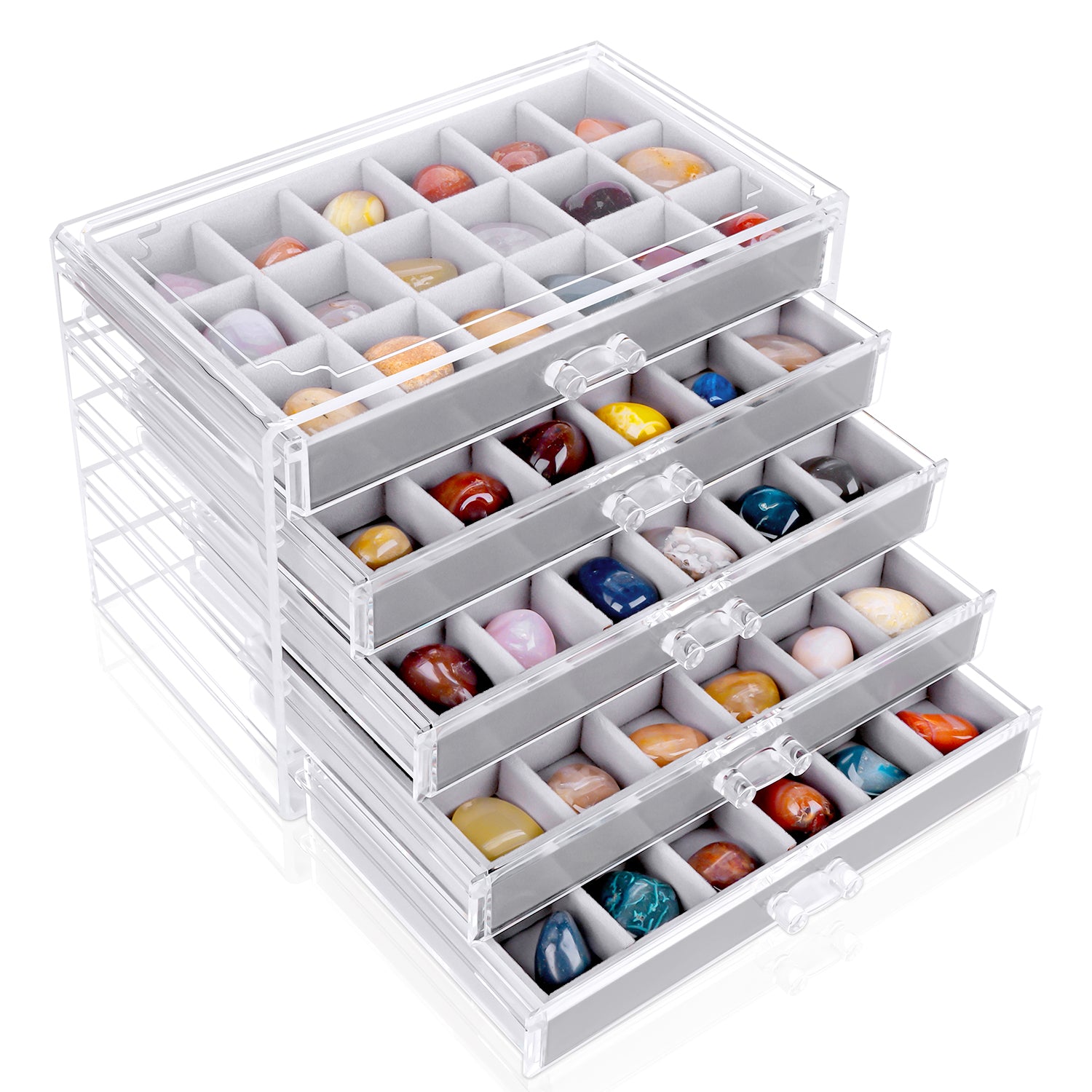 Giphtpoeet Acrylic Jewelry Box with 5 Drawers Clear Earring Storage Organizer Display Case for Women Girls Gray