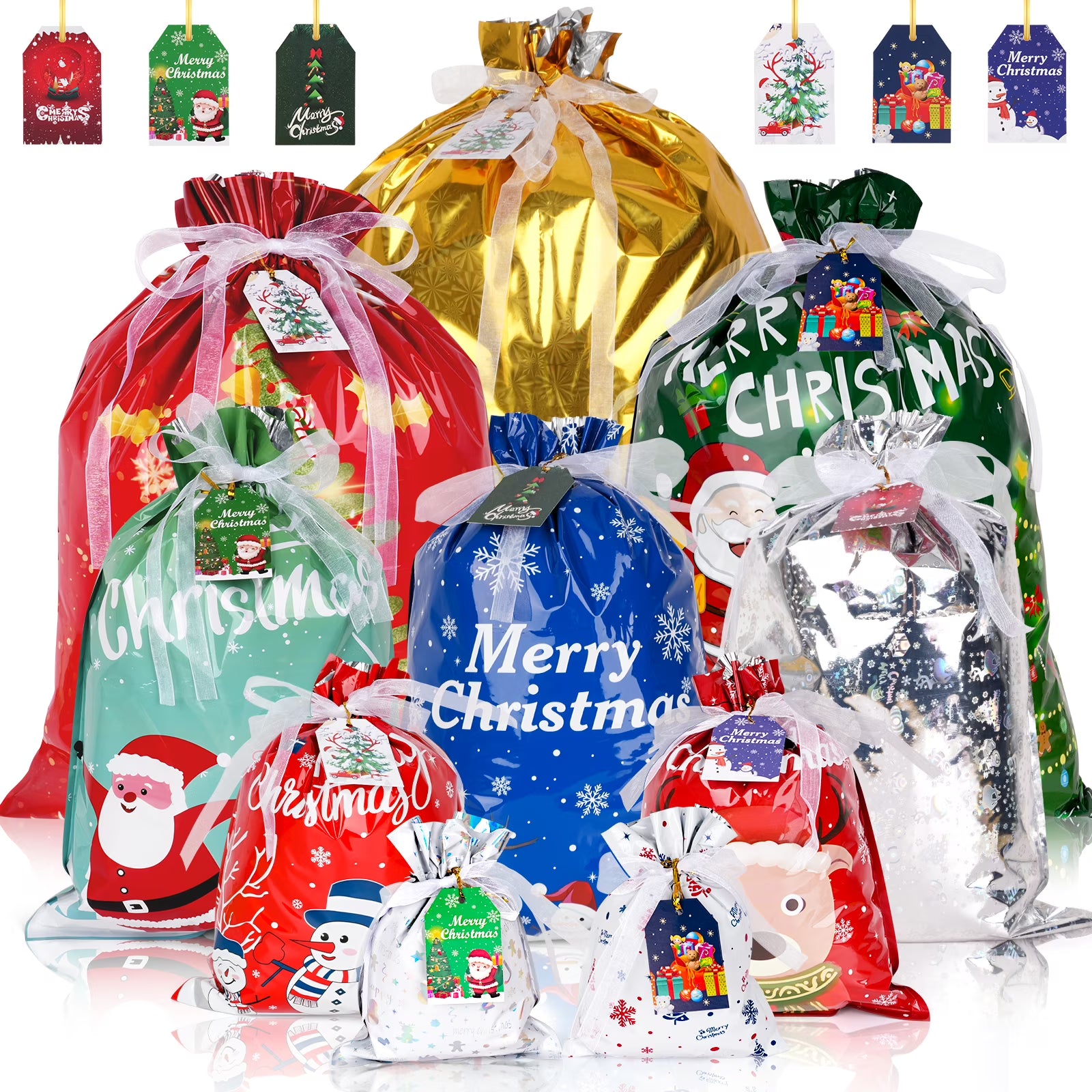 Aottom 20Pcs Assorted Sizes Drawstring Bags Durable Jumbo Gift Bags with Tags