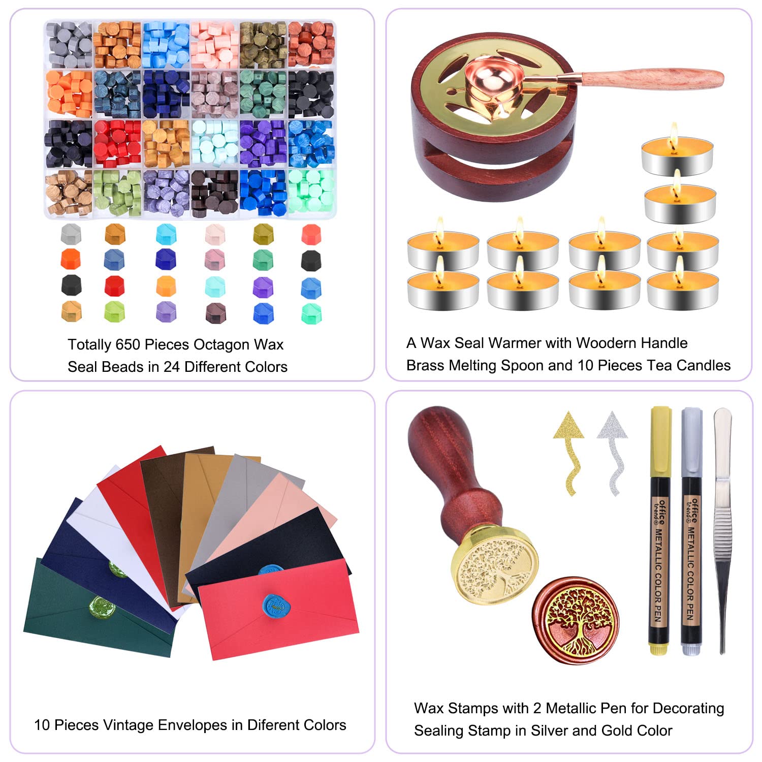 Giphtpoeet Wax Seal Stamp Kit with Gift Box, 24 Colors 650 Pcs Beads, DIY Craft for Birthday