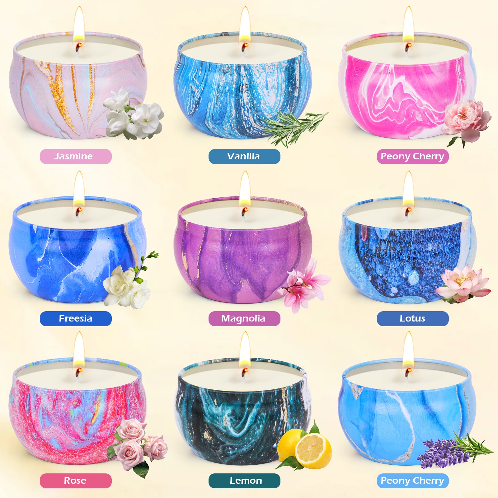Giphtpoeet 9 Pack Scented Candles Gift Floral Scents for Women 160h Burn Time 19.8oz