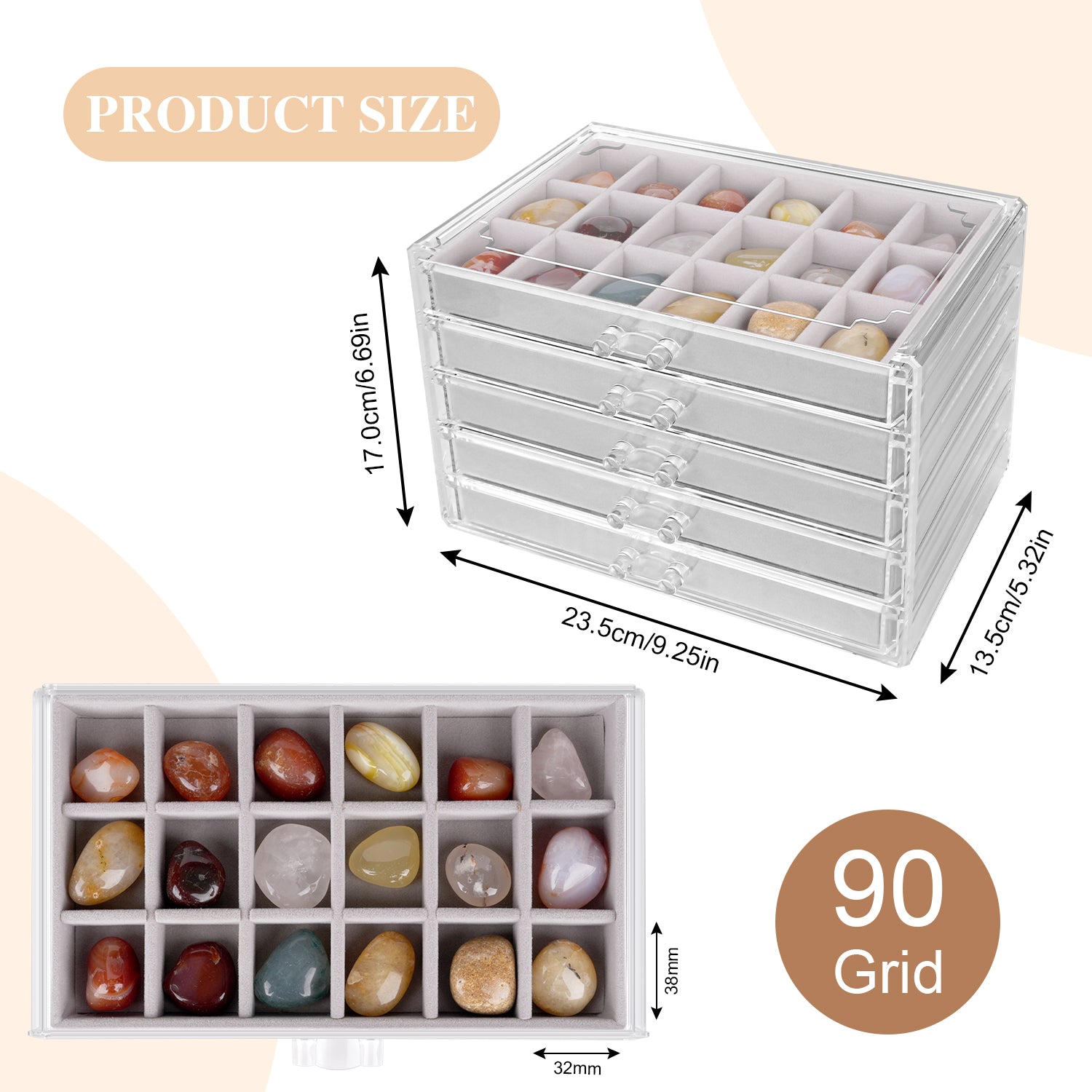 Giphtpoeet Acrylic Jewelry Box with 5 Drawers Clear Earring Storage Organizer Display Case for Women Girls Gray