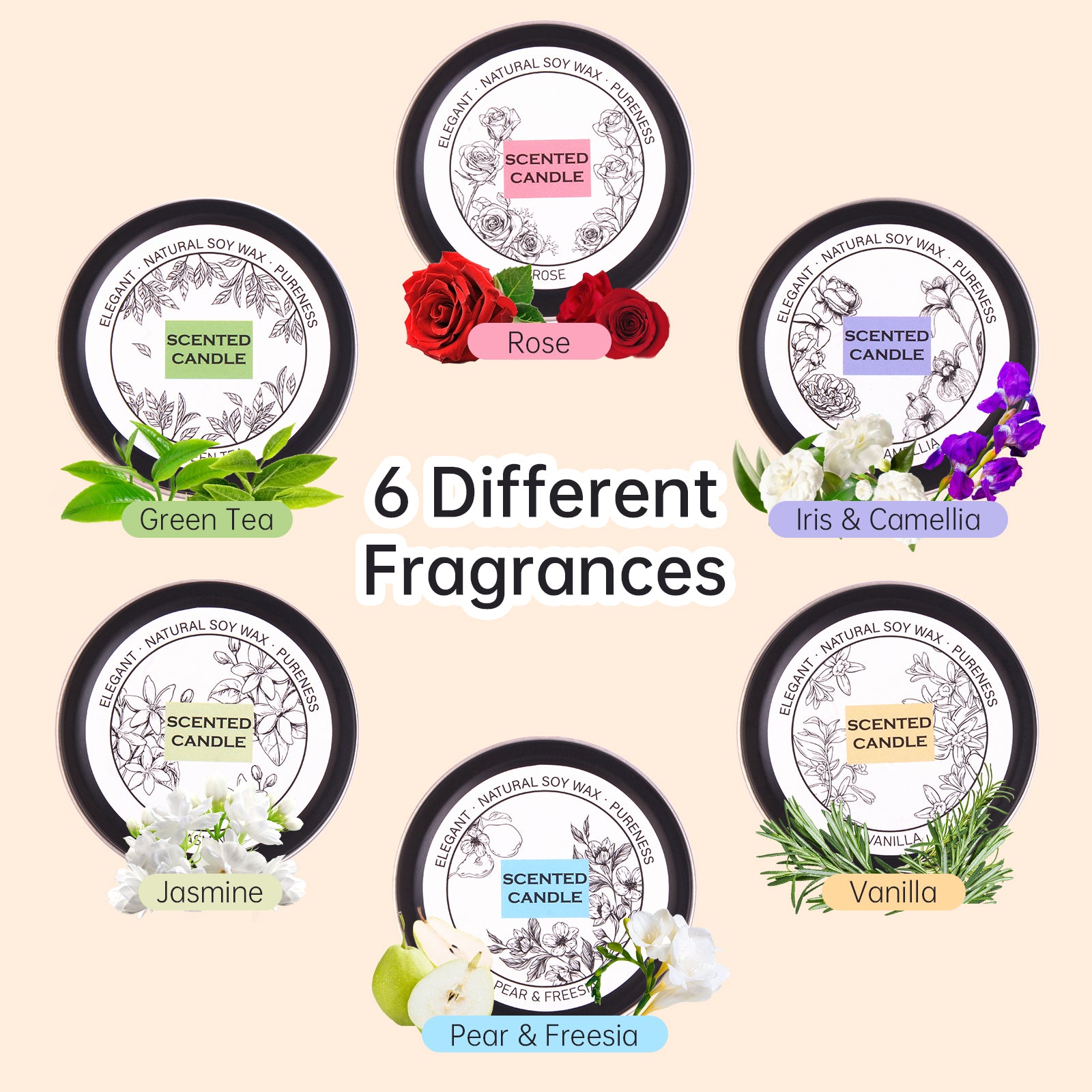Giphtpoeet Scented Candles Gift Set 6 Pack Fragrance Natural Soy Wax Jar Candles Set for Home Scented