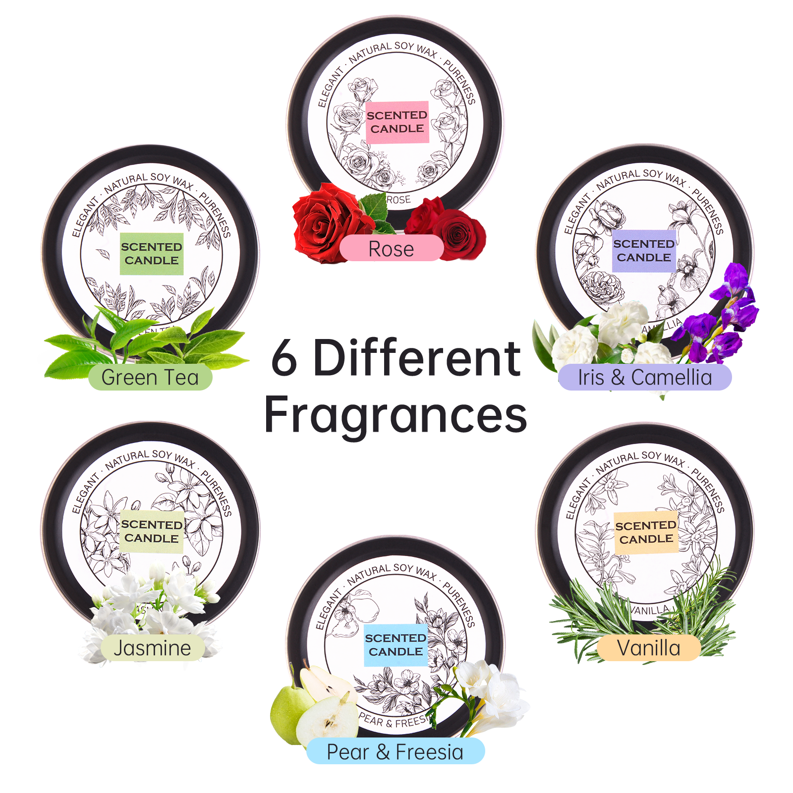 Giphtpoeet Scented Candles Gift Set 6 Pack Fragrance Natural Soy Wax Jar Candles Set for Home Scented