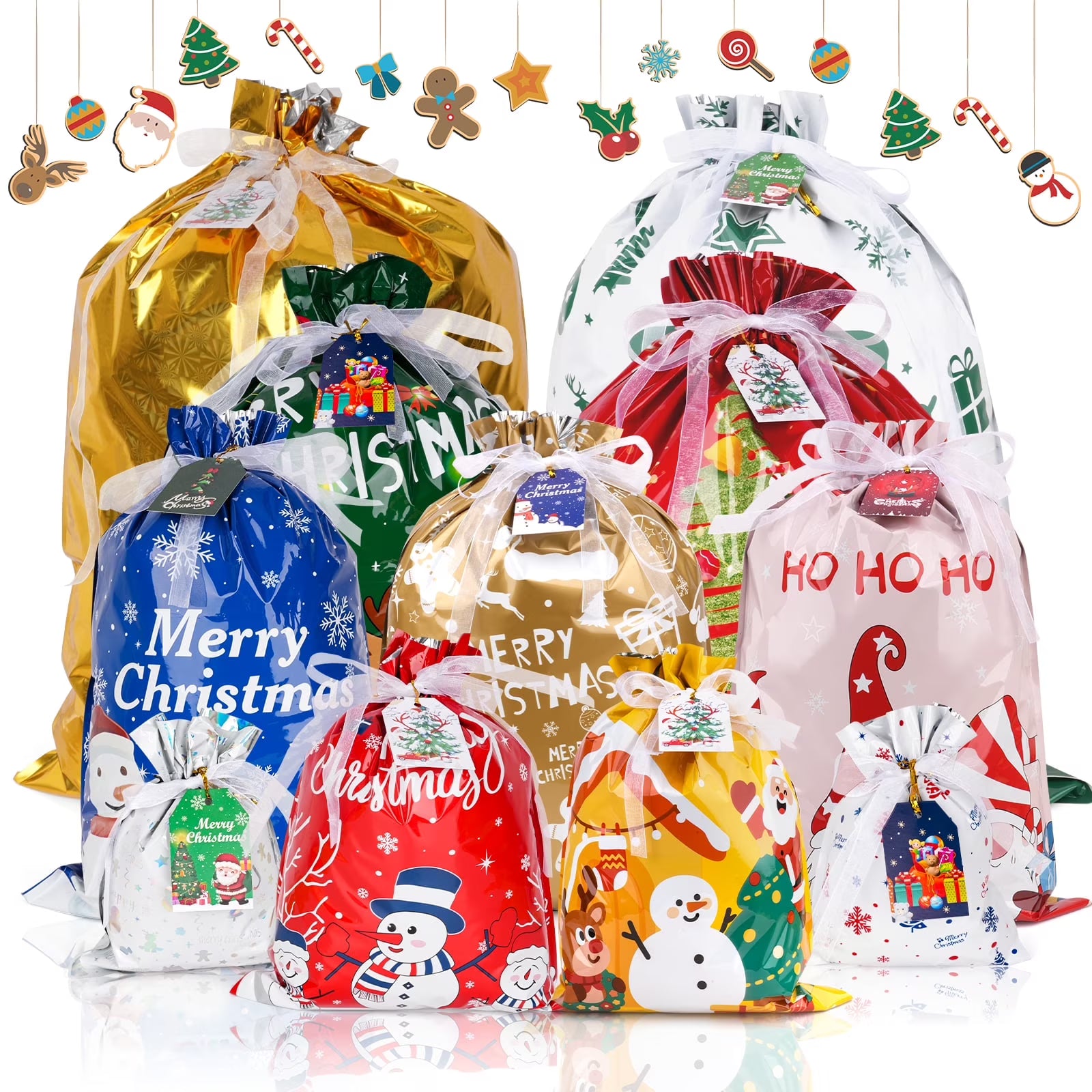 Aottom 30Pcs Christmas Drawstring Gift Bags with Tag&Ribbon Ties,Small to Jumbo Size