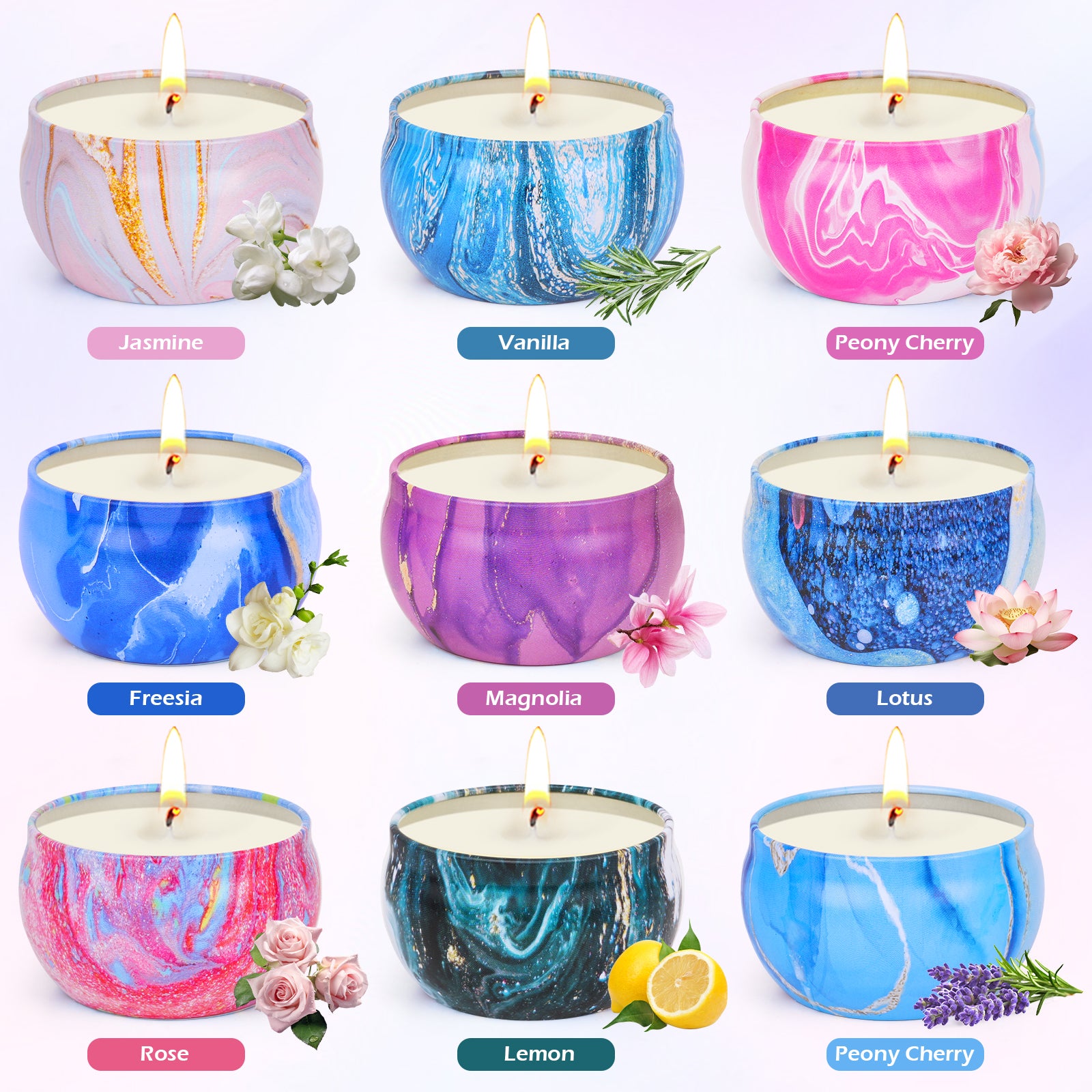 Giphtpoeet 9 Pack Scented Candles Gift Floral Scents for Women 160h Burn Time 19.8oz