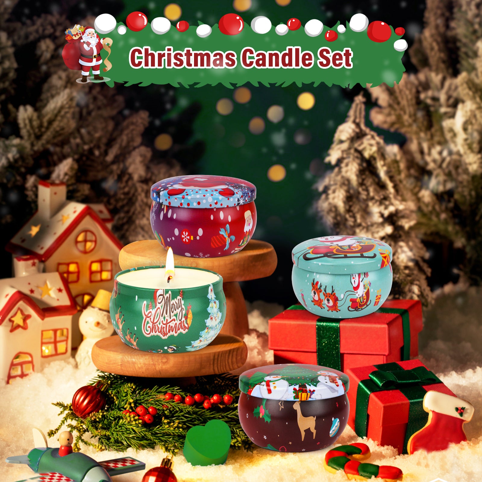 Giphtpoeet 4 Pack Christmas Scented Candles Gift Set for Woman, Jar Candle, 2.5 oz Soy Wax Tin Candle