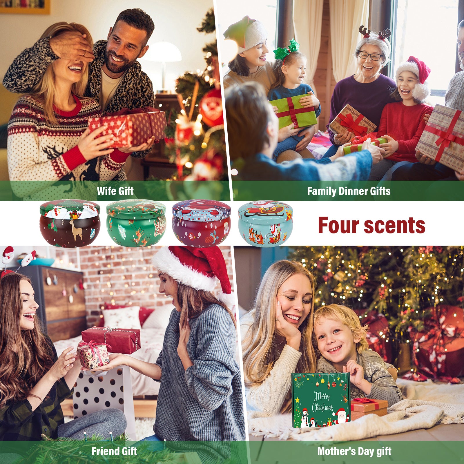 Giphtpoeet 4 Pack Christmas Scented Candles Gift Set for Woman, Jar Candle, 2.5 oz Soy Wax Tin Candle