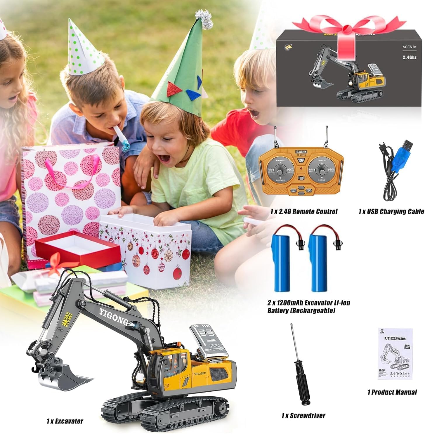 Giphtpoeet Remote Control Excavator Toys, RC Construction Toys with Metal Shovel, Kids Age 6-12 Christmas Birthday Gifts