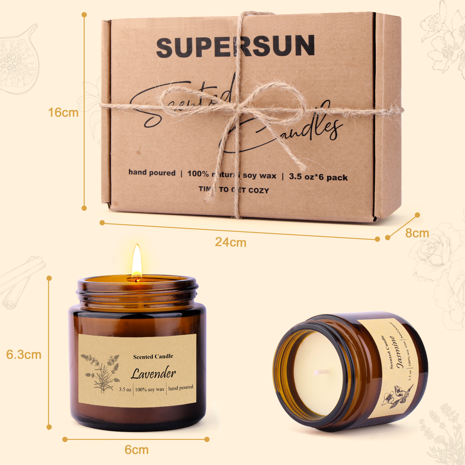 Supersun 6 pack Scented Candles Soy Wax Aromatherapy Jar Candle Set Gift