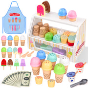 Wooden Scoop & Serve Ice Cream Counter, Pretend Play Store, 28 Toy Food & Play Kitchen Accessories, Preschool Toys for Girls & Boys 3+