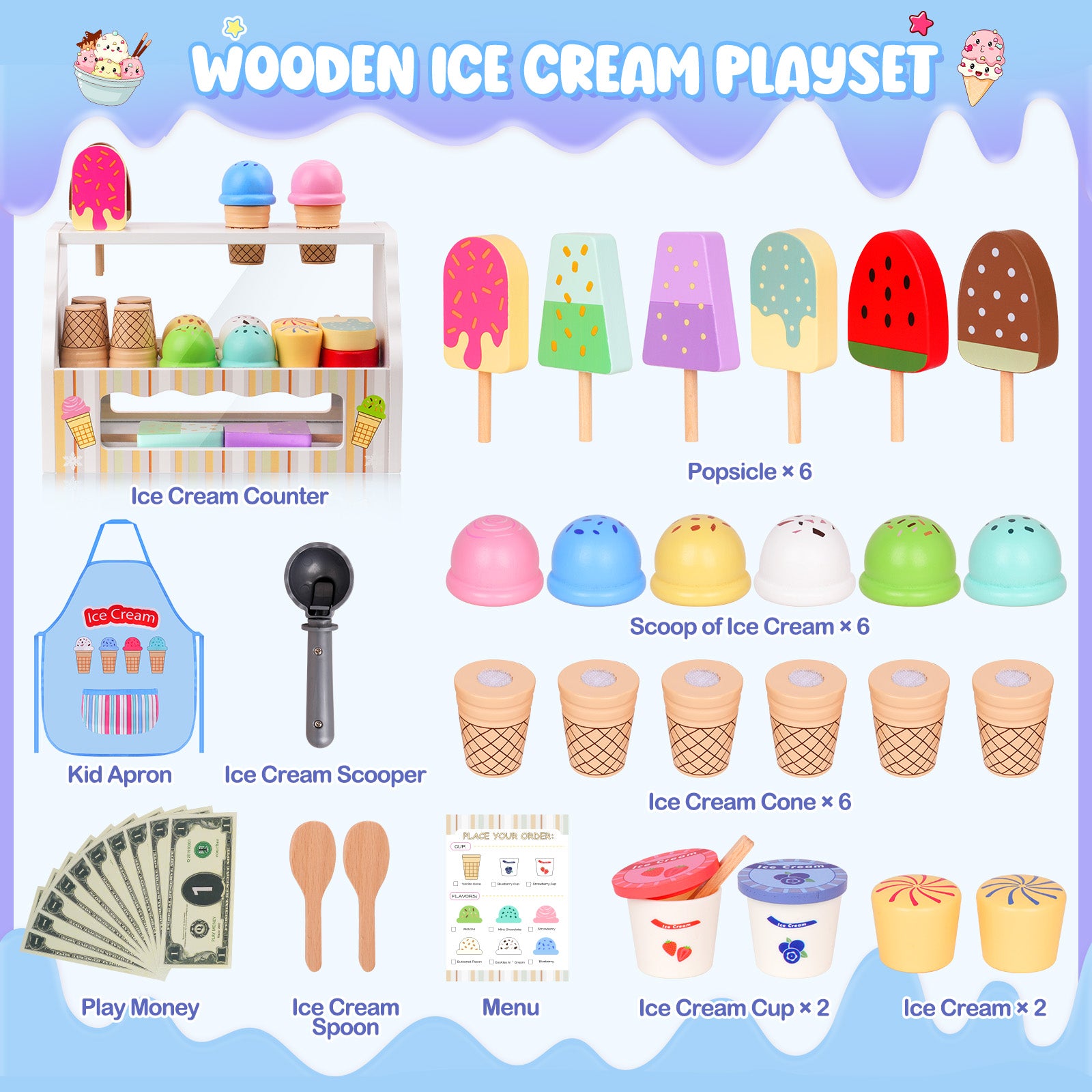 Wooden Scoop & Serve Ice Cream Counter, Pretend Play Store, 28 Toy Food & Play Kitchen Accessories, Preschool Toys for Girls & Boys 3+