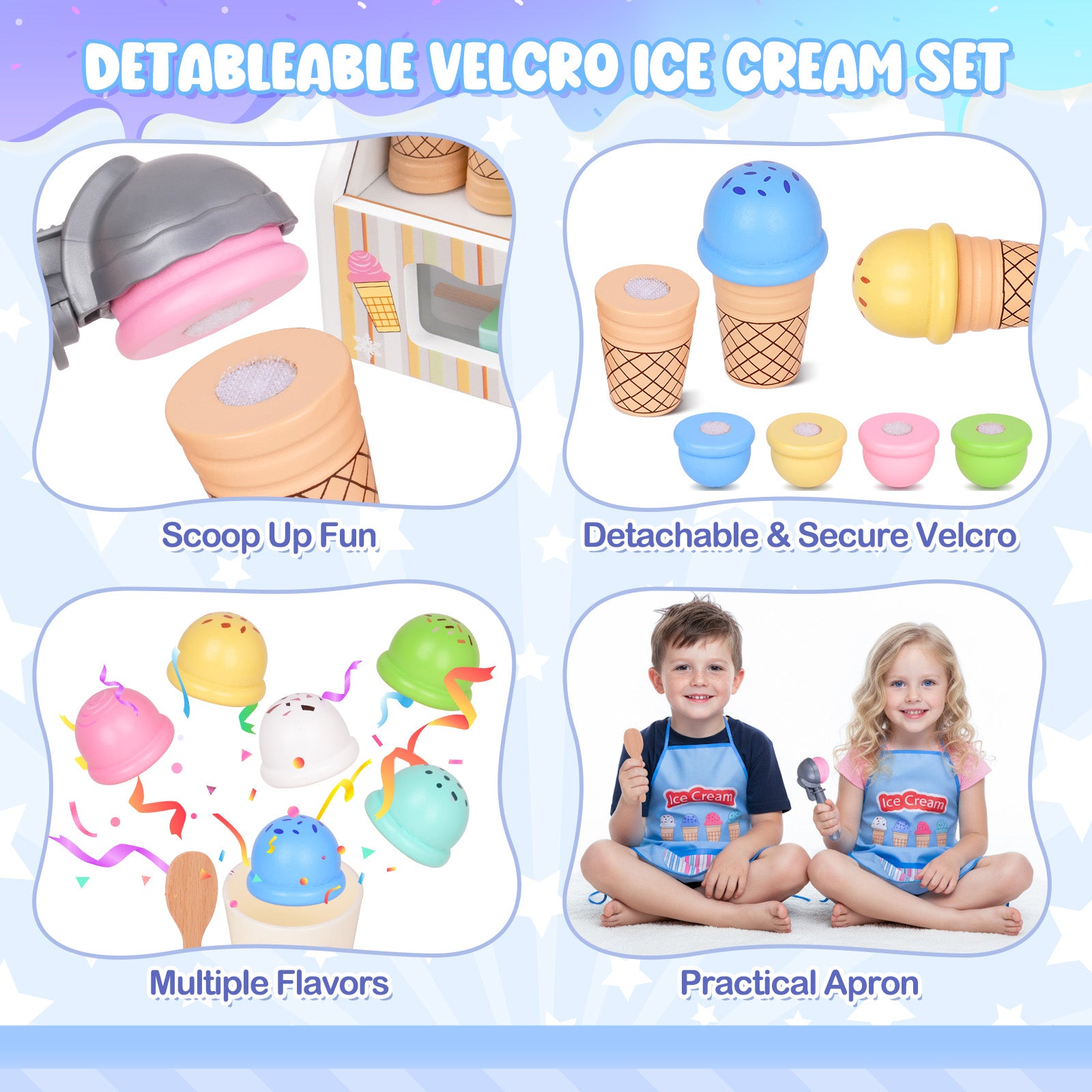 Wooden Scoop & Serve Ice Cream Counter, Pretend Play Store, 28 Toy Food & Play Kitchen Accessories, Preschool Toys for Girls & Boys 3+