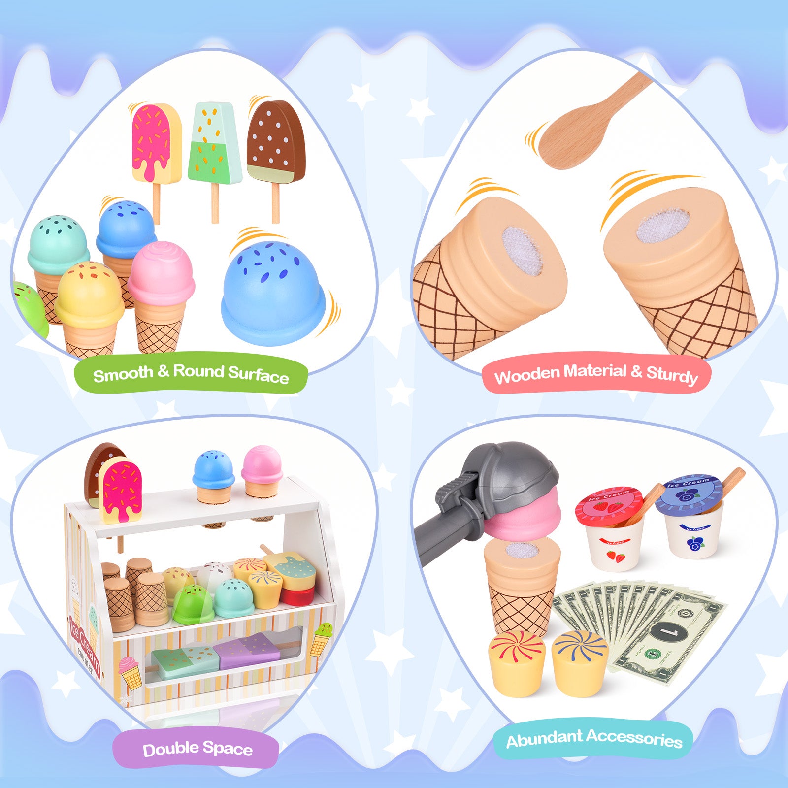 Wooden Scoop & Serve Ice Cream Counter, Pretend Play Store, 28 Toy Food & Play Kitchen Accessories, Preschool Toys for Girls & Boys 3+