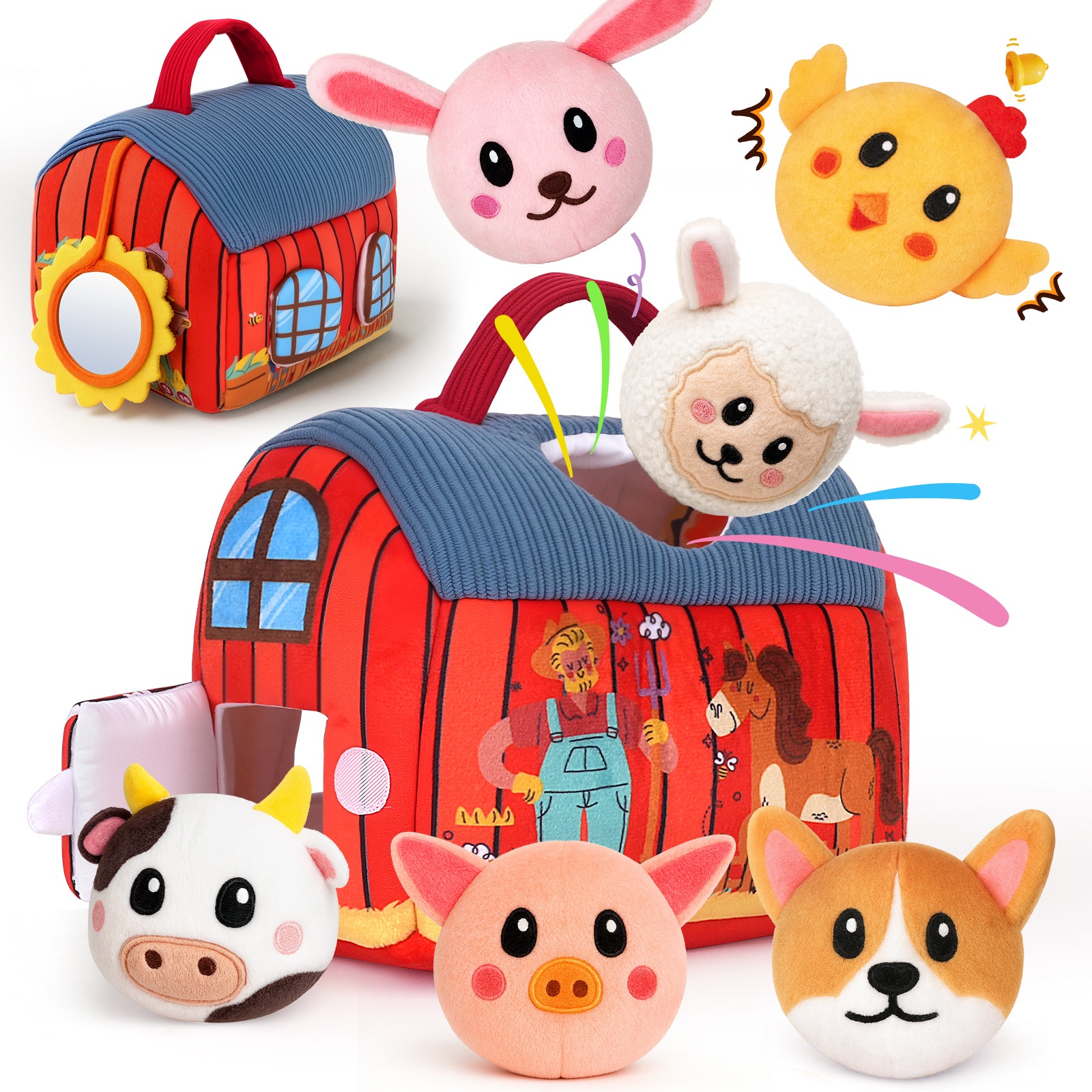 Baby Toys 6-12 Months - Surprise Barn with Stuffed Farm Animals, Rattle, Crinkle Paper, Mirror - Montessori Toys for 6 Month Old Babies, Sensory Balls Toddlers 1-3, 1 Year Old Boy Girl Gifts