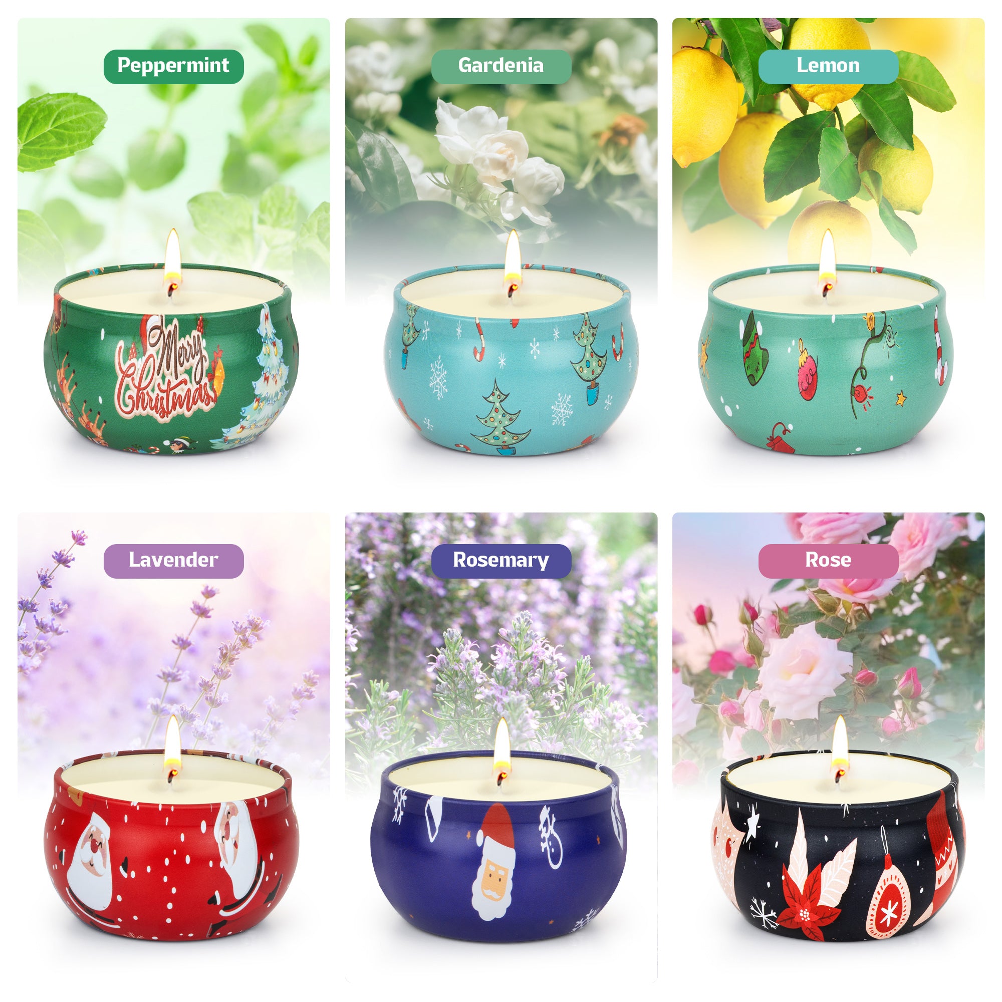 Giphtpoeet 6 Pack Christmas Scented Candles Gift Set for Woman, Jar Candle, 2.5 oz Soy Wax Tin Candle