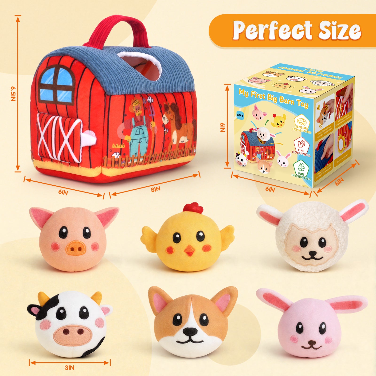 Baby Toys 6-12 Months - Surprise Barn with Stuffed Farm Animals, Rattle, Crinkle Paper, Mirror - Montessori Toys for 6 Month Old Babies, Sensory Balls Toddlers 1-3, 1 Year Old Boy Girl Gifts