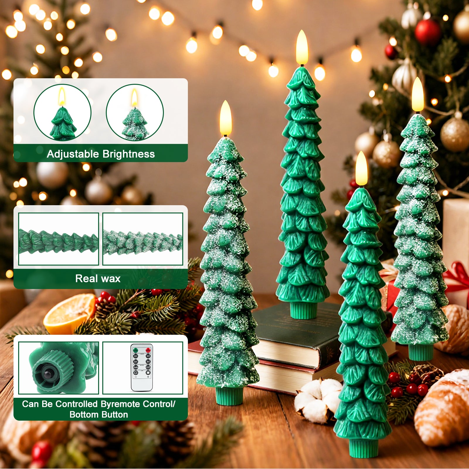 Giphtpoeet Christmas Tree Candles with Remote, 4 pack Flameless Battery Operated Taper Candles with 3D Flickering Wick
