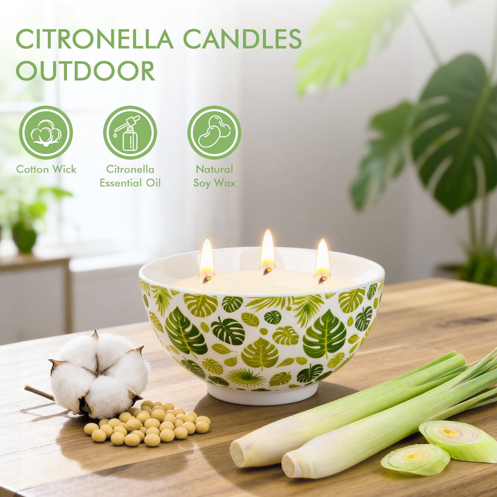 Giphtpoeet Citronella Candles Outdoor Indoor 3 Wick Natural Soy Lemongrass Scented Candle Reusable Ceramic Bowl