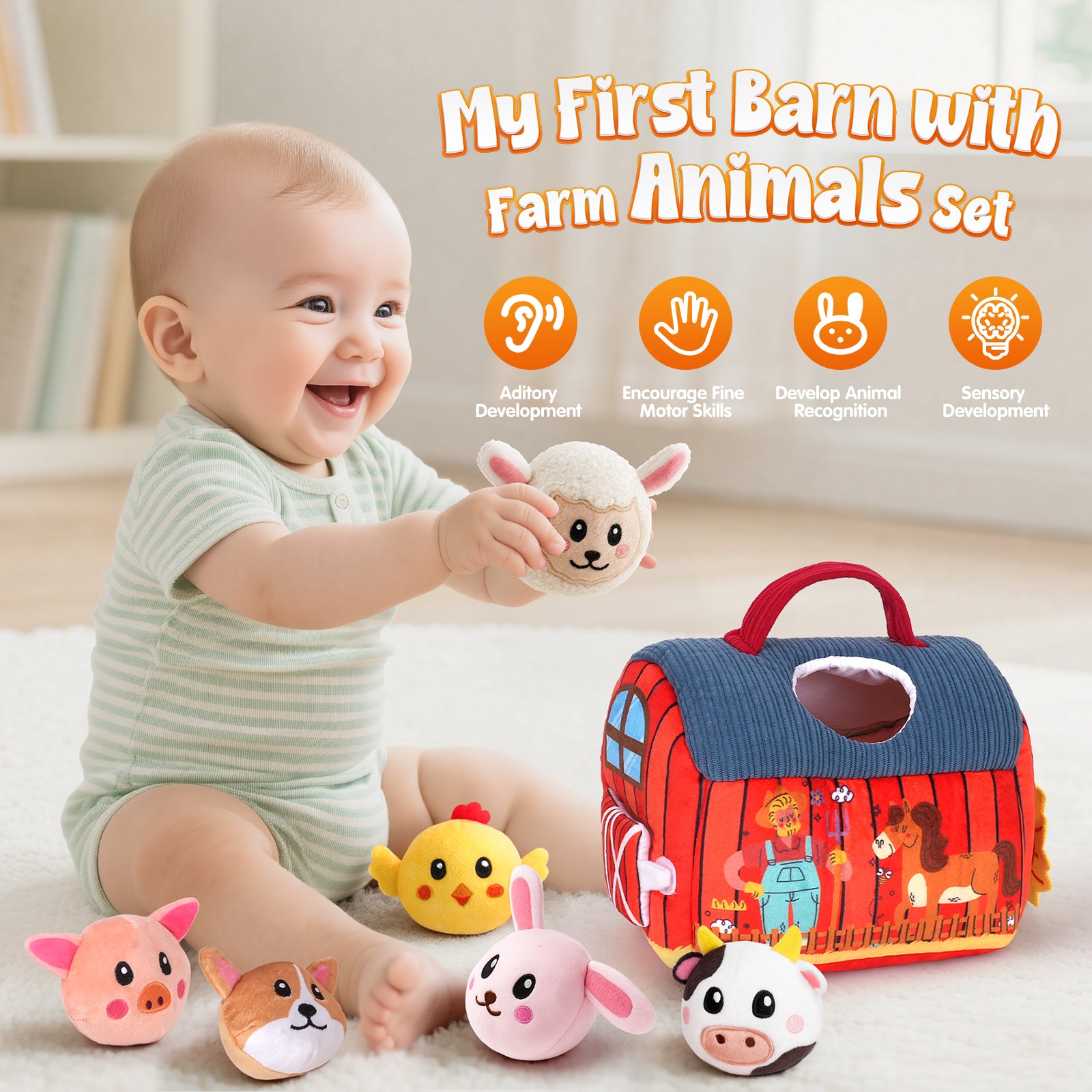 Baby Toys 6-12 Months - Surprise Barn with Stuffed Farm Animals, Rattle, Crinkle Paper, Mirror - Montessori Toys for 6 Month Old Babies, Sensory Balls Toddlers 1-3, 1 Year Old Boy Girl Gifts