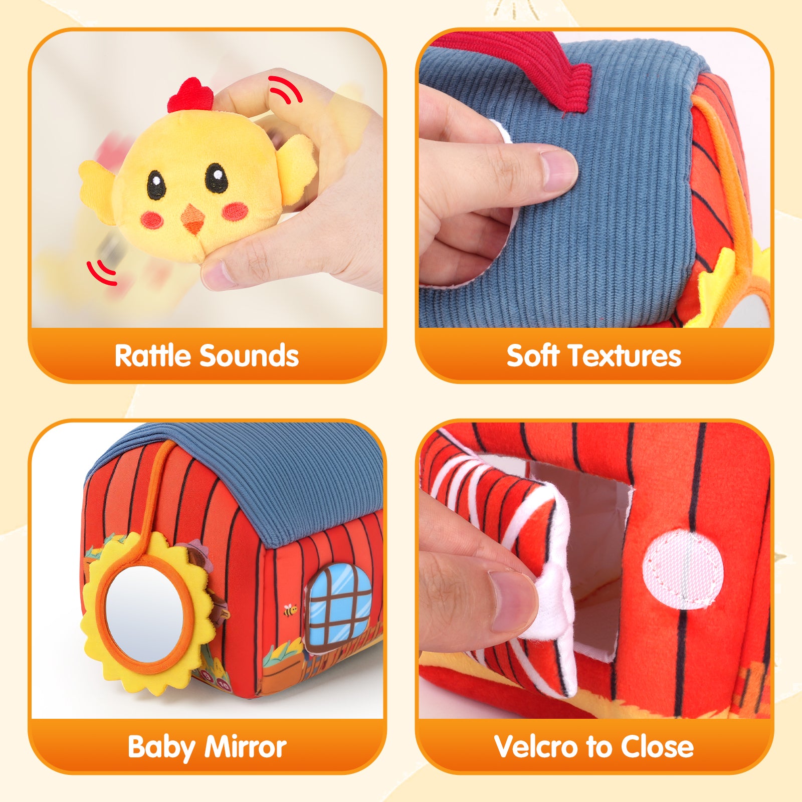 Baby Toys 6-12 Months - Surprise Barn with Stuffed Farm Animals, Rattle, Crinkle Paper, Mirror - Montessori Toys for 6 Month Old Babies, Sensory Balls Toddlers 1-3, 1 Year Old Boy Girl Gifts