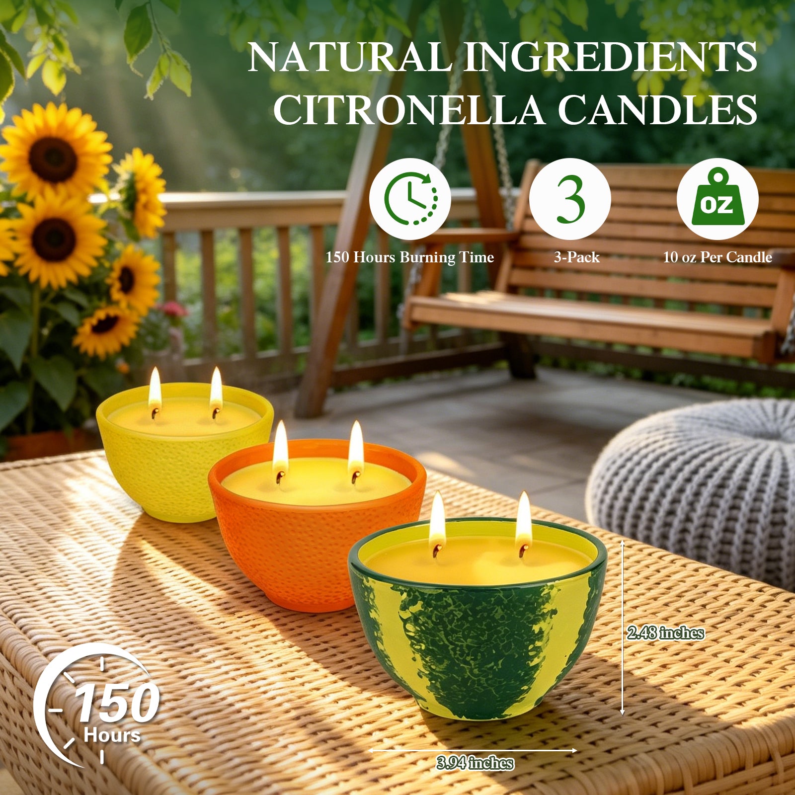 Giphtpoeet Citronella Candles 3 Pack Natural Soy Wax Lemongrass Scented Outdoor Candles 2 Wick Cement Bowl for Patio Garden Deck Camping