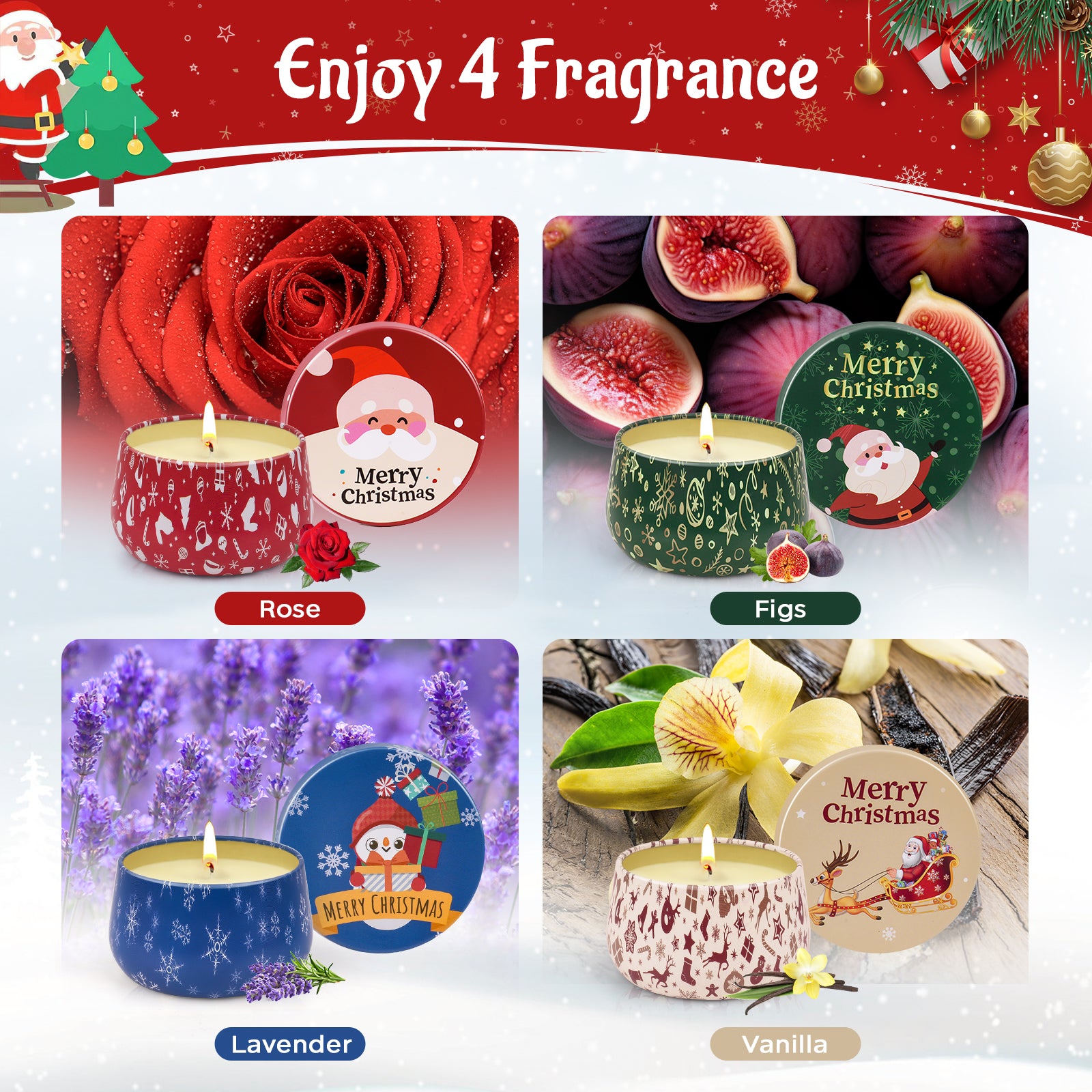 Giphtpoeet 4 Pack Christmas Scented Candles Gift Set for Woman, Jar Candle, 2.5 oz Soy Wax Tin Candle