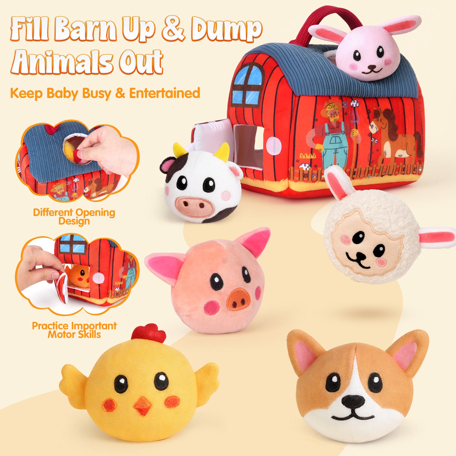 Baby Toys 6-12 Months - Surprise Barn with Stuffed Farm Animals, Rattle, Crinkle Paper, Mirror - Montessori Toys for 6 Month Old Babies, Sensory Balls Toddlers 1-3, 1 Year Old Boy Girl Gifts