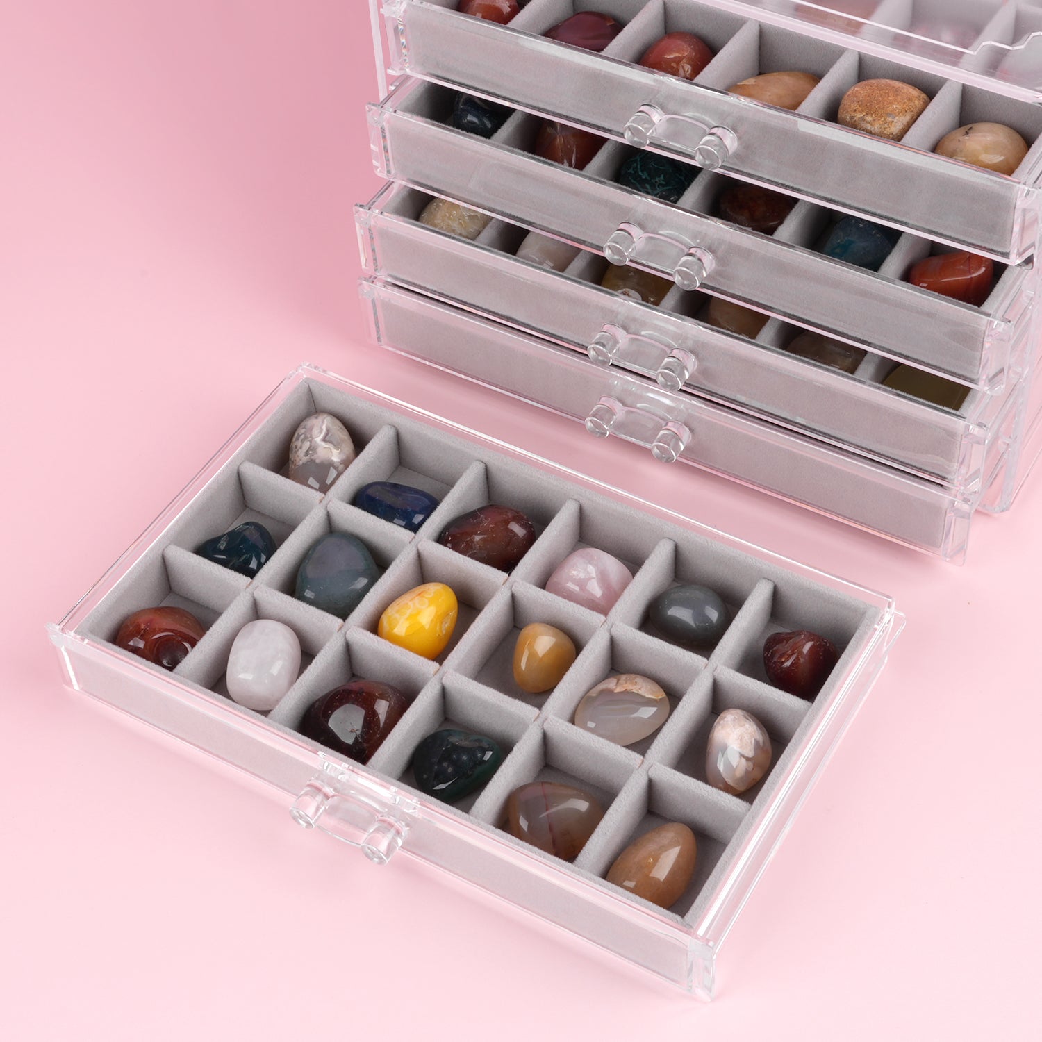 Giphtpoeet Acrylic Jewelry Box with 5 Drawers Clear Earring Storage Organizer Display Case for Women Girls Gray