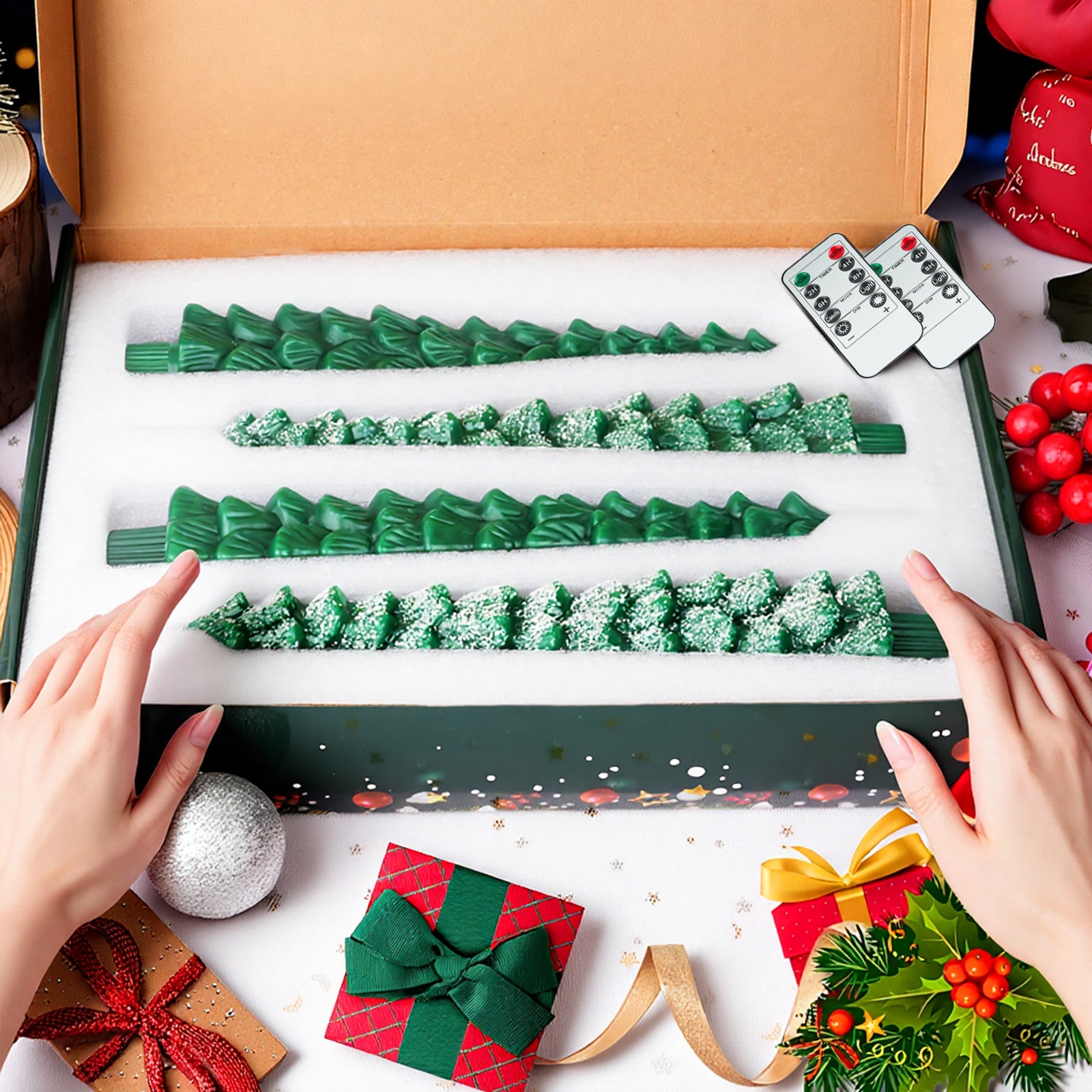 Giphtpoeet Christmas Tree Candles with Remote, 4 pack Flameless Battery Operated Taper Candles with 3D Flickering Wick